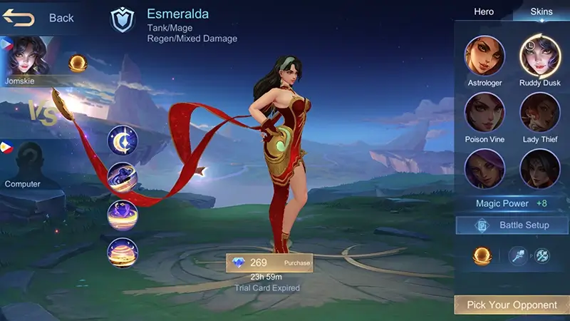 Mobile Legends hero Esmeralda standing with her dual weapon ready for battle.