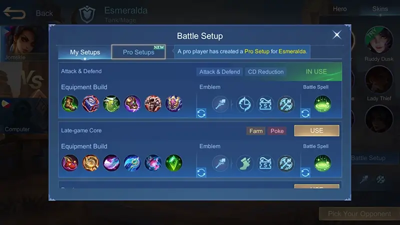 Normal battle setup for Esmeralda in Mobile Legends with item builds and spells.